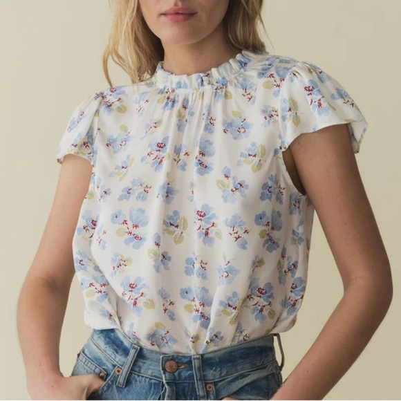 NWT Doen Yvie Silk Ruffle Short Sleeve High Neck Top Bleu Frolicking Floral - Picture 1 of 12